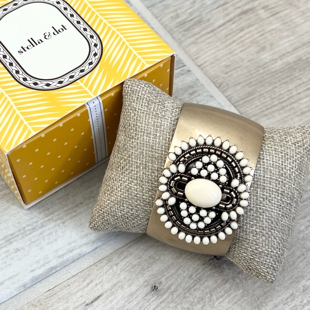 Stella & Dot Neutral Ivory Beaded Statement Cuff Bracelet